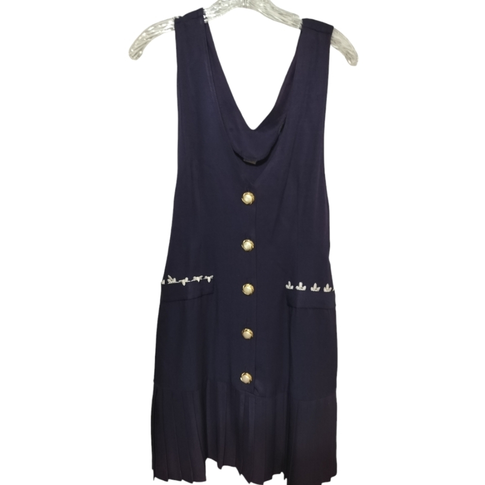 2918)Vintage Purple Sleeveless Pleated Hem & Center Pearl Button Sheath Dress L